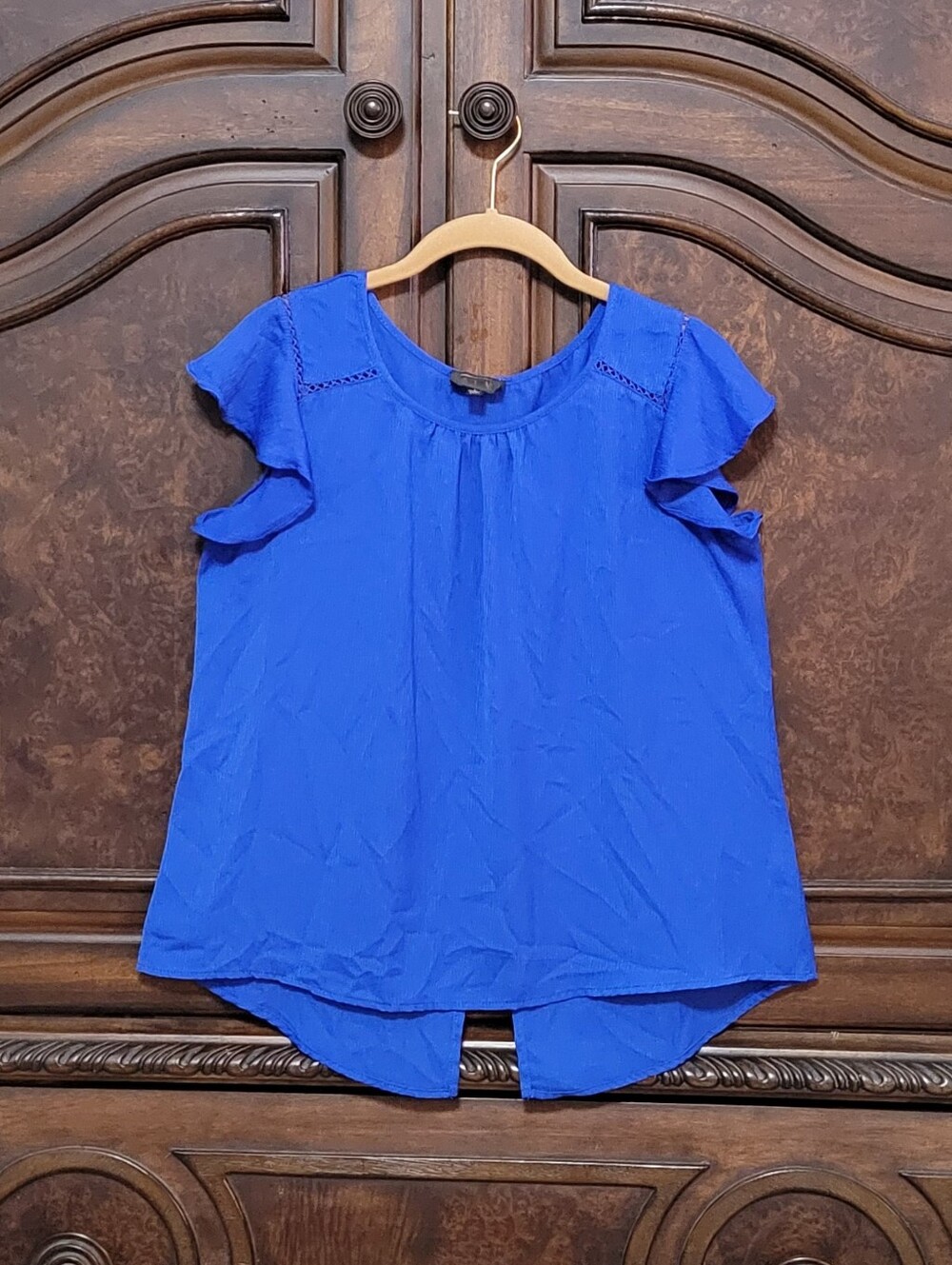 Flutter Sleeve Blouse in Cobalt Blue - Women’s Casual Top Large